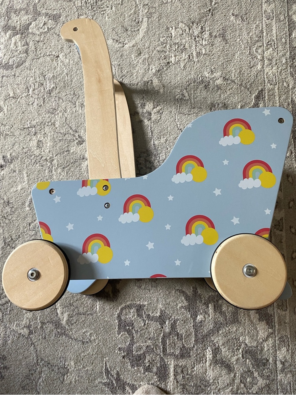 Moover Wooden Rainbow Print Push Walker Buggy- Blue